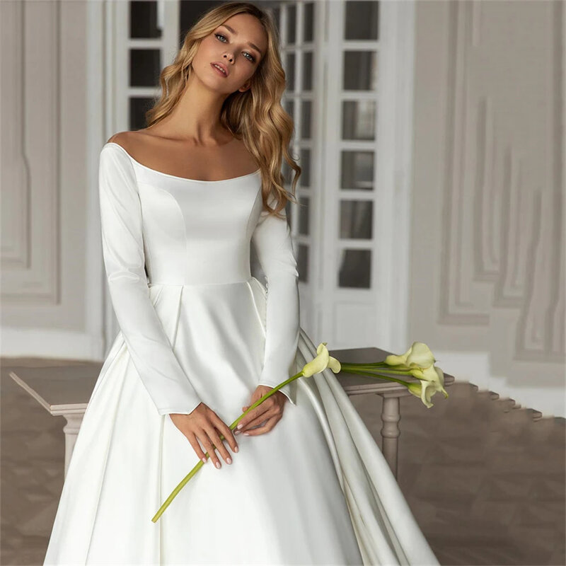 Elegant O-neck Satin Button Simple Wedding Dresses 2024 Full Cap Sleeves A-line Backless Court Train Bridal Gowns For Women
