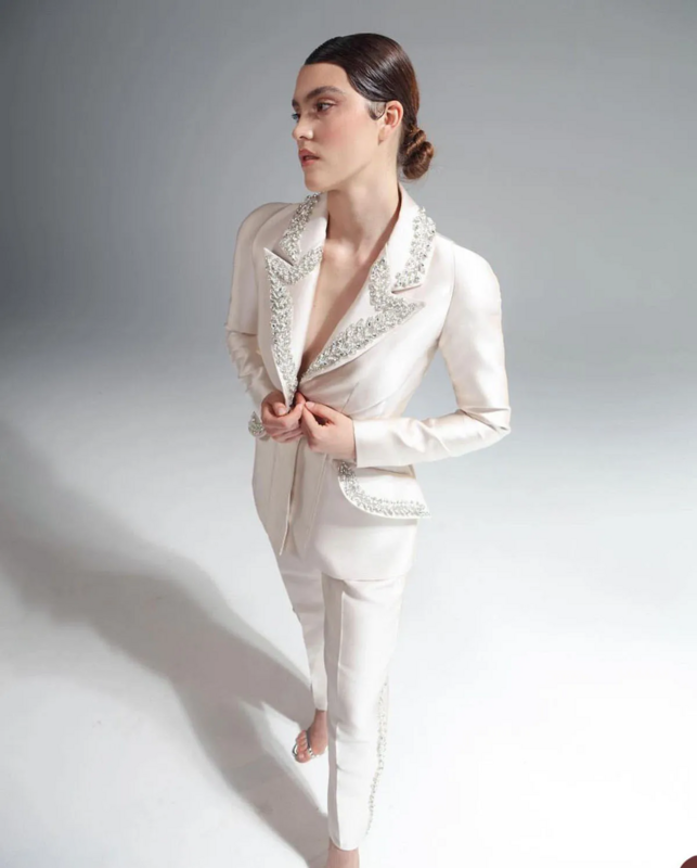 Elegant Crystal Women Suits 2 Pcs Notched One Button Shiny Pocket Blazer Formal Evening Party Celebrity Jacket Pencil Pants