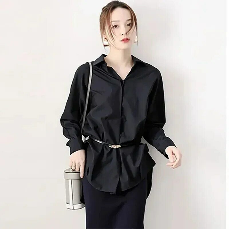 Blusa coreana de manga comprida com lapela no pescoço para mulheres, camisa extragrande, solta, preto e branco, 63 USD-branco, primavera