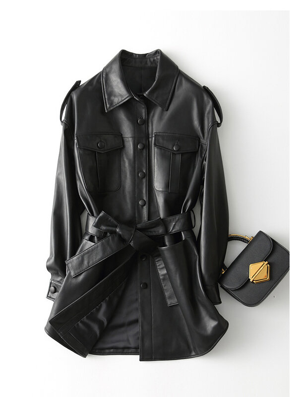 AYUNSUE – veste en cuir véritable de mouton pour femme, manteau de printemps noir avec ceinture