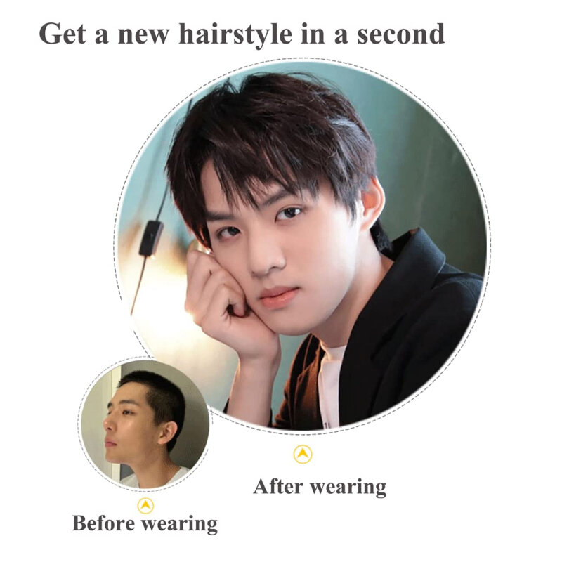Fashion Business Natural Fluffy and Realistic Full Wig for Men Stretch Mesh Black Straight Short Hair Wigs for Daily Use
