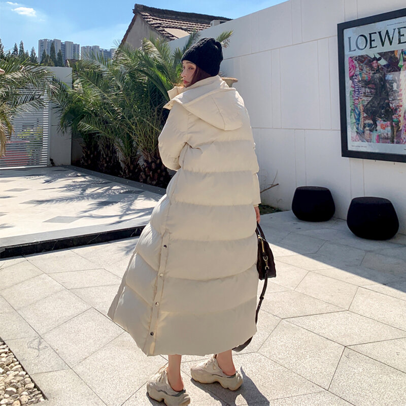 Phụ Nữ X-Dài Áo Hoodie Phối Kéo Xuống Đệm Cotton 2022 Hàn Quốc Mới Thiết Kế Chiều Dài Mắt Cá Chân Kéo Dài Làm Dày Ấm Có Mũ Áo Liền Quần snowwear