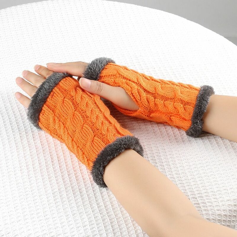 Вязаные перчатки без пальцев с флисовой подкладкой, эластичные перчатки для сенсорного экрана, зимние мягкие перчатки с отверстием для большого пальца