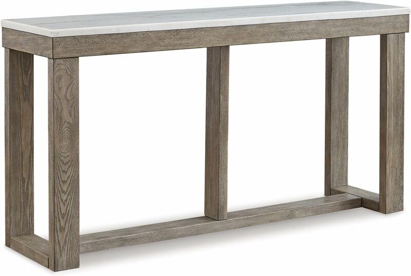 Design by Ashley Loyaska Casual Sofa Table with Marble Top, Brown & White