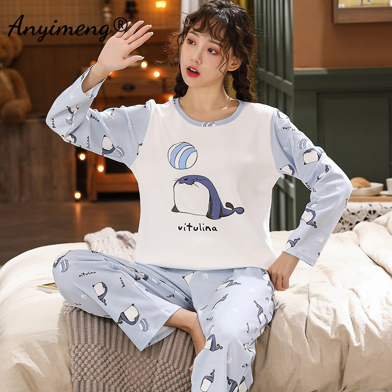 Nowa moda jesienno-zimowa miękka bawełniana dziewczęca piżama damska odzież do spania z okrągłym dekoltem rekreacyjna spodnie w kratę domowa kobieta luźna odzież dziecięca