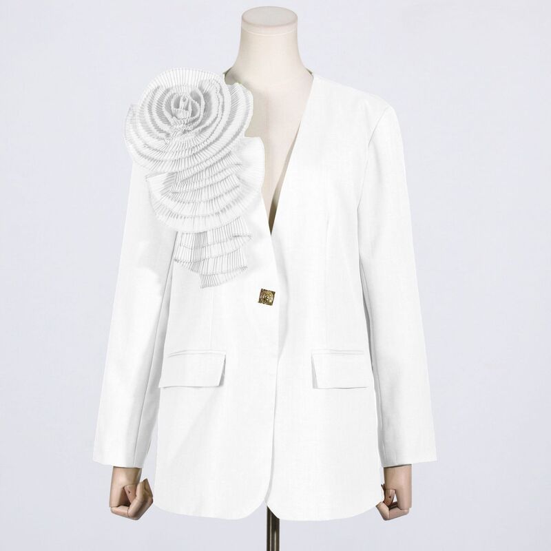 Leher-v elegan modis untuk wanita, desain sambungan bunga 3D satu tombol dengan mantel setelan