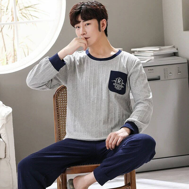 Set Piyama Pria Gaya Minimalis Korea Pakaian Tidur Katun Loungewear Lengan Panjang untuk Anak Laki-laki Santai Pria Mode Rumah