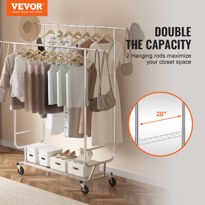 VEVOR Clothing Garment Rack Heavy Duty Clothes Rack Adjustable Length Clothes Rack w/ Bottom Shelf & Wheels for Laundry Room