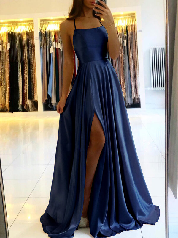 Женское атласное вечернее платье, синее длинное ТРАПЕЦИЕВИДНОЕ ПЛАТЬЕ на тонких бретельках, с разрезом, для свадьбы, выпускного вечера, 2023