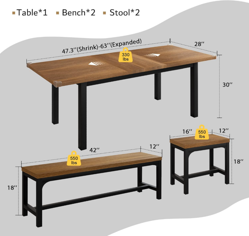 IPormis Set meja makan 5 potong, untuk 4-8 orang, Set meja dapur yang dapat diperpanjang dengan 2 bangku dan 2 bangku persegi