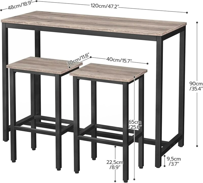 Прямоугольный паб с 2 табуретами для небольшого пространства, высокий стол, набор из 3-х предметов для завтрака, прочная металлическая рама