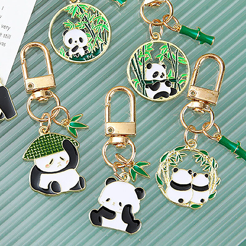 Kawaii Straw Hat Panda Bag DIY Accessories Jewelry Funny Cartoon Animal Panda Couple Keychains Key Ring For Women Men