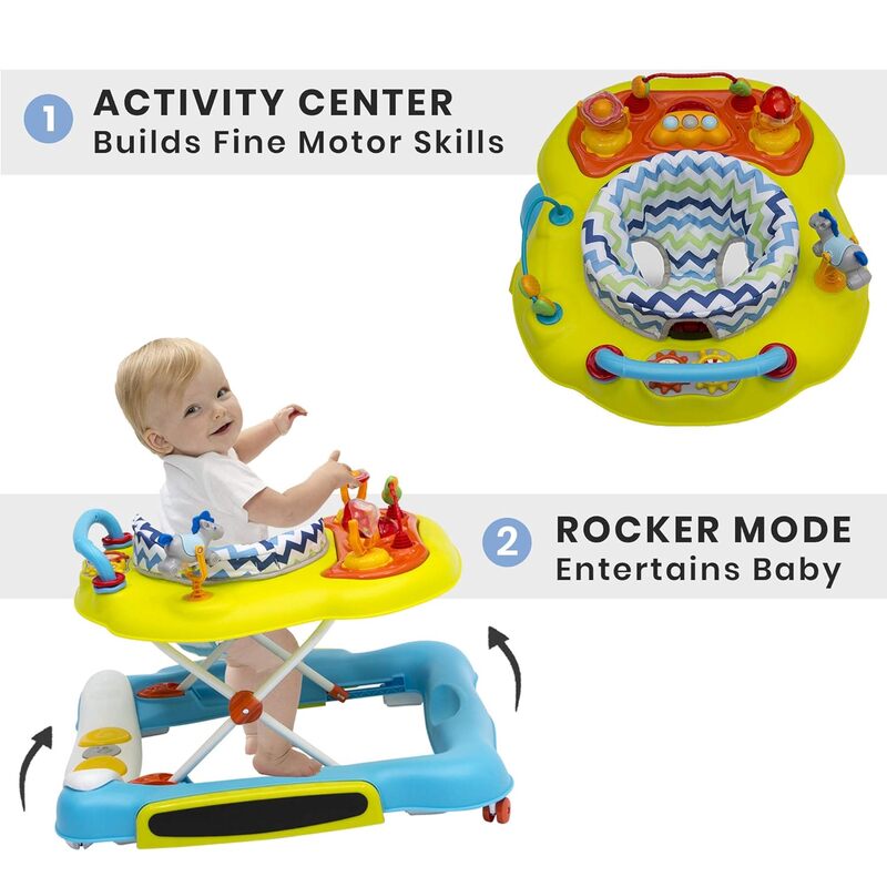 Features 360 Degree Swivel Seat, Rocker and Walker Mode, Step-to-Play Music, Machine-Washable Seat, Blue/Green
