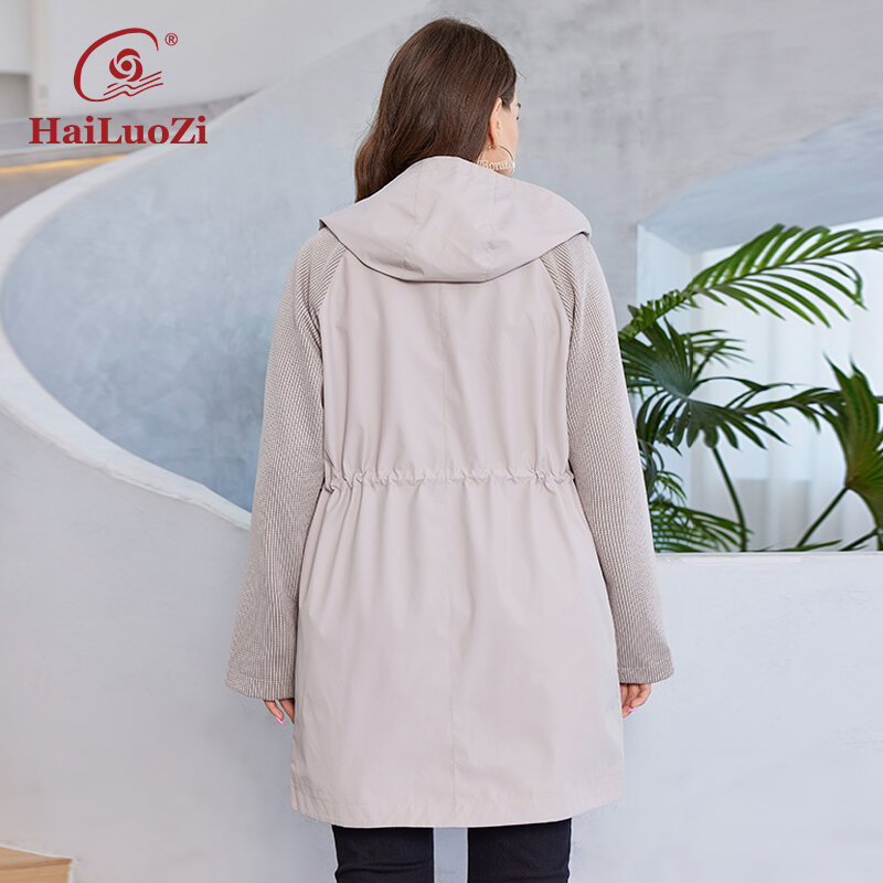 HaiLuoZi-gabardina de talla grande para mujer, abrigo a prueba de viento, ropa femenina de longitud media, chaqueta con capucha, 2023