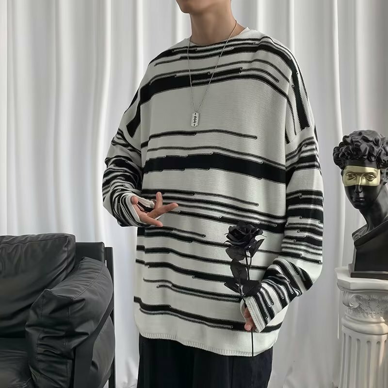 Китайский шикарный мужской модный брендовый неравномерный вязаный Свободный Новый модный свитер в полоску с круглым вырезом для отдыха