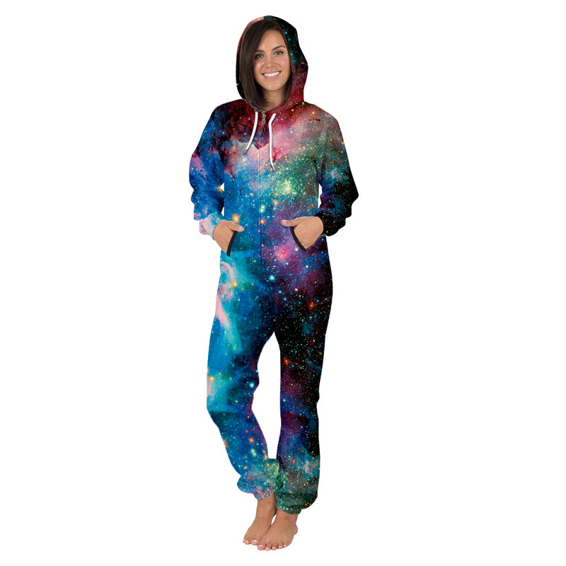 Women's Space Galaxy Star Printed Pajamas Unisex Loose Hooded Zipper Open Sleepwear Onesies for Adult Thick Jumpsuits
