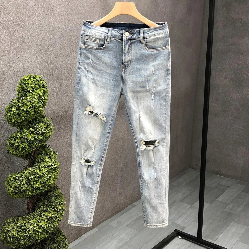 Męskie jeansy jeansowe Slim Fit Distressed Vintage Holes Casual Fashion Spring Autumn Pencil Pants Hombre Luxury Skinny Jeans Men