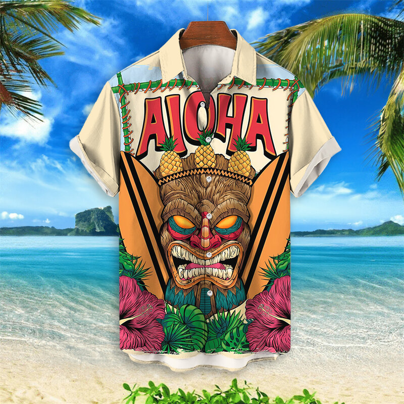 Новинка 2024, мужская рубашка в стиле ретро, Гавайские рубашки с 3d рисунком тики для мужчин, свободная модная трендовая Мужская рубашка с коротким рукавом