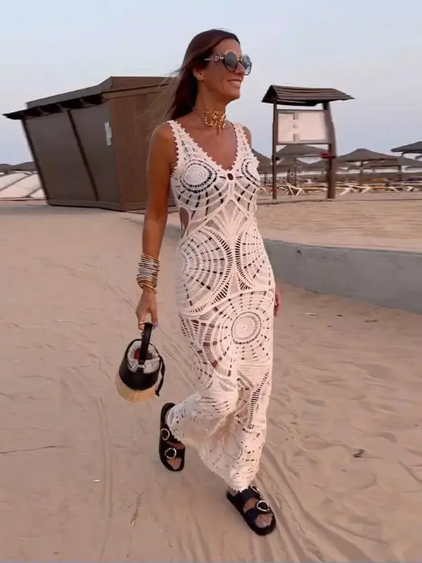 فستان ماكسي مجوف بدون أكمام للنساء ، فساتين برقبة على شكل حرف V ، موضة أنيقة ، أرواب شاطئ نسائية للعطلات ، الصيف ، Bodycon