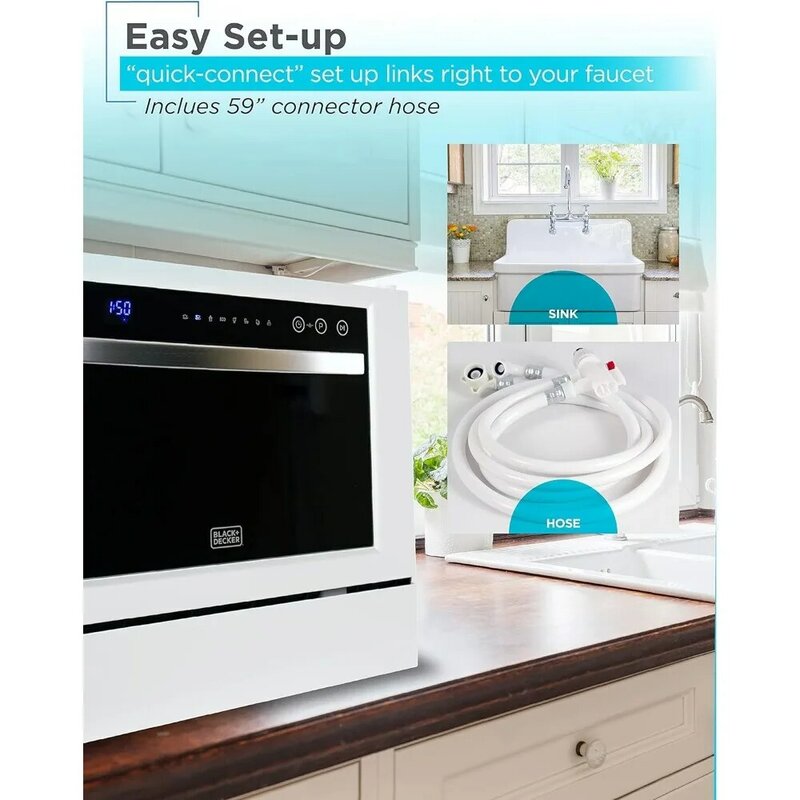 Компактная настольная посудомоечная машина BLACK + DECKER BCD6W, 6 режимов работы, белая