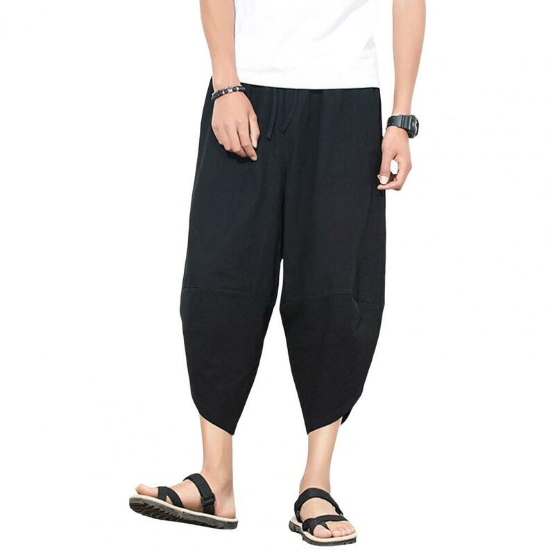 Calça masculina com cintura com cordão, estilo japonês, harém de meia panturrilha, bolsos múltiplos, virilha profunda, roupa diária casual