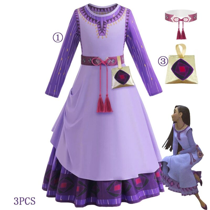 Vestido de princesa Disney Wish Asha para niñas, cosplay de película, disfraz de princesa, vestido de carnaval de Navidad, vestido de Disney Wish