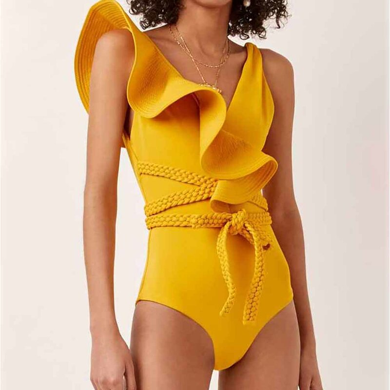 Bañador de talla grande para mujer, traje de baño Sexy de lujo de una pieza con escote en V profundo, microbikini con hombros descubiertos, traje de baño liso con volantes para playa 2023