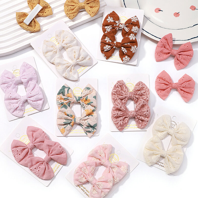 2Pcs/set Bows for Girls Hair Pins Embroidery Printing Hair Clips Solid Color Bowknot Handmade Barrettes Kids Hair Accessories