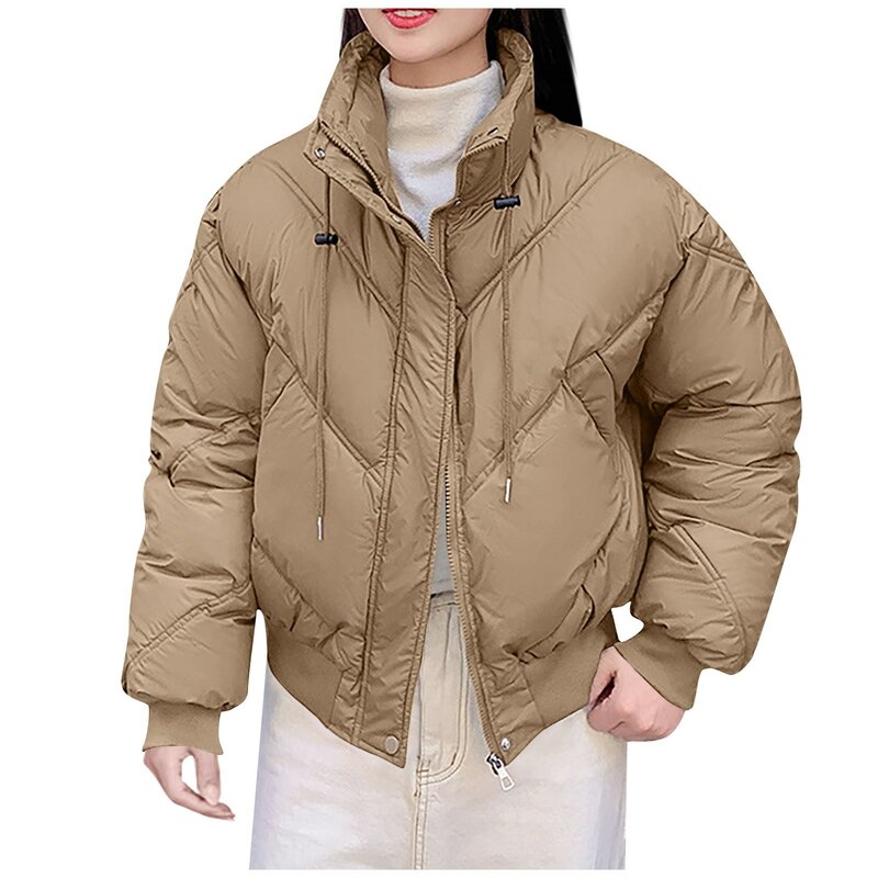 Women's Zipper Loose Short Cotton Coat Autumn Winter Ladies Parka Stand Hooded Solid Color Big Pocket Button Jacket Parkas