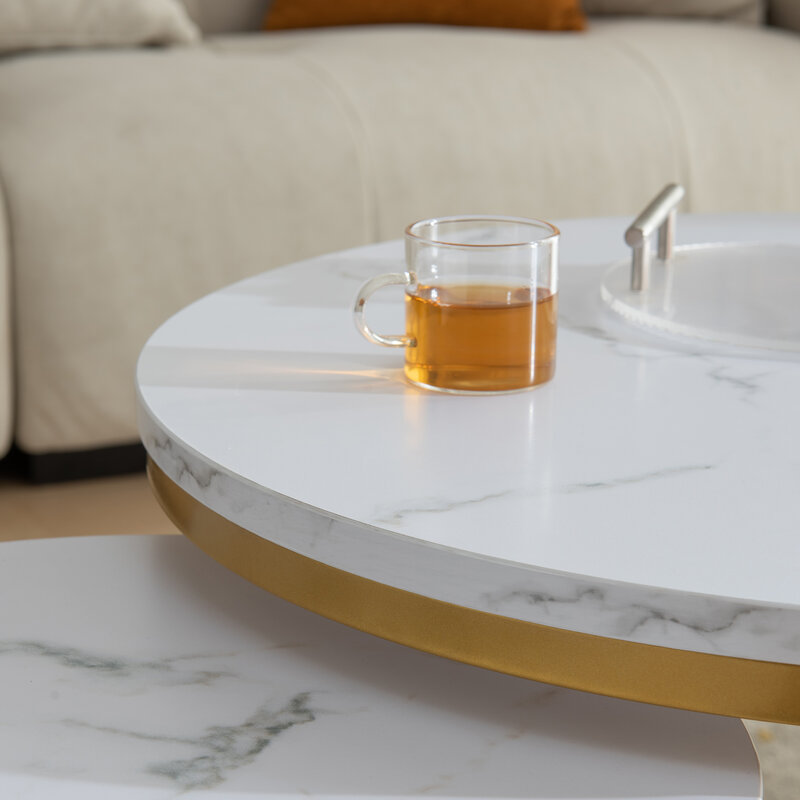 Tavolino moderno nidificazione rotondo, cornice Color oro con piano in legno per piccoli spazi e soggiorno