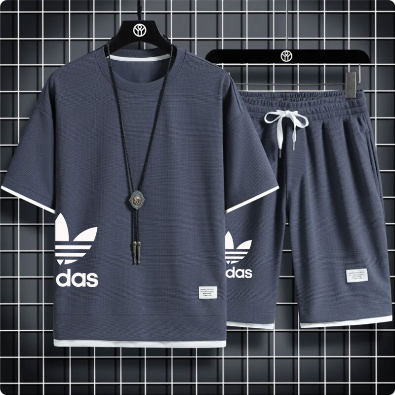 Letnie zestawy męskie Koreańska moda 2-częściowy zestaw Dresy Mężczyźni Casual Odzież męska Joggers Zestaw T-shirt w kratę + szorty Zestaw strojów męskich