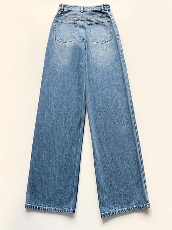 Women's Full Length Denim Pants Zipper Fly Button High Waist Loose Fit 2024 New All-Match OL Wide Leg Jeans with Pockets