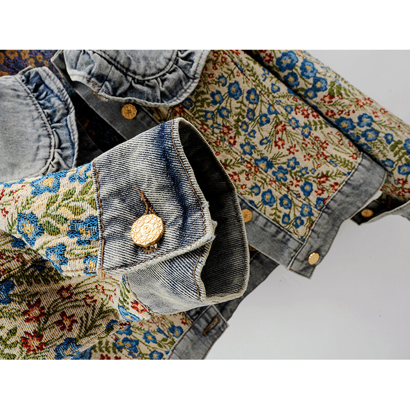 Spring Autumn Jacquard Embroidery Peter Pan Collar Denim Jacket Women Loose Short Cowboy Outerwear Casual Jeans Jacket Female
