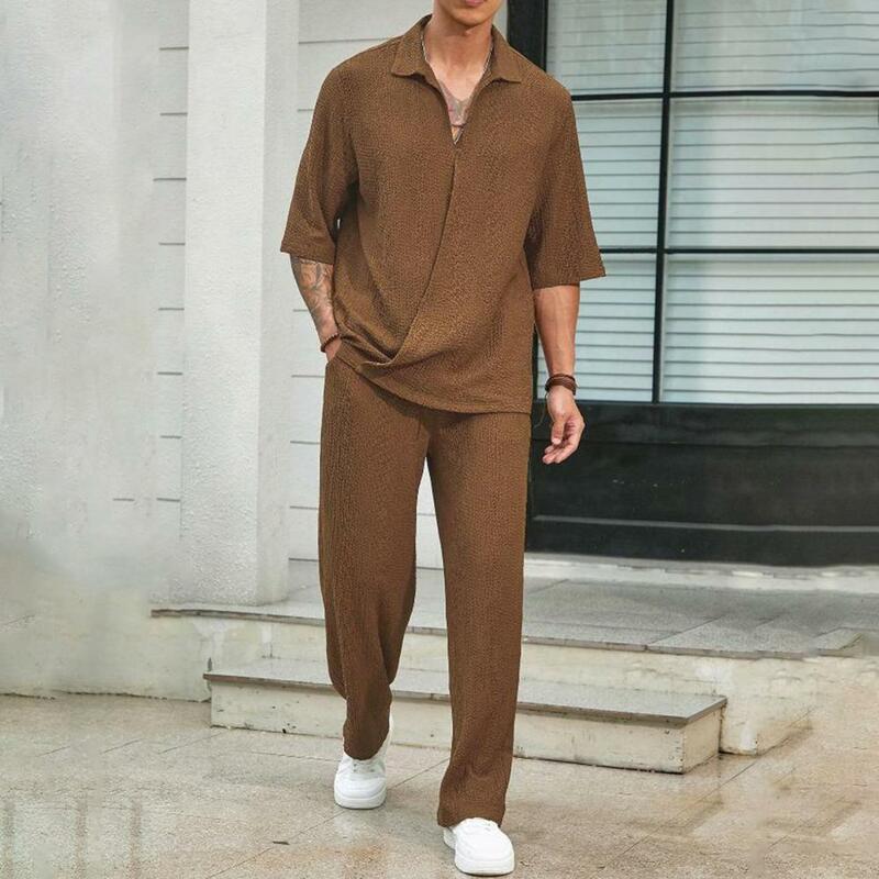 Conjunto de roupa casual masculino, top com lapela com decote em v, calça de perna larga, terno cor sólida, visual elegante e confortável