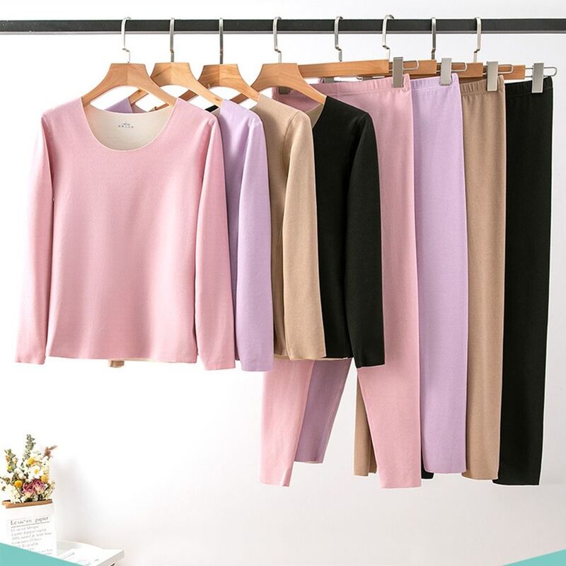 Soft German Fleece O-Neck Solid Color Nylon Long Johns Set Elastic Underwear Women Thermal Underwear Korean Style Sleepwear