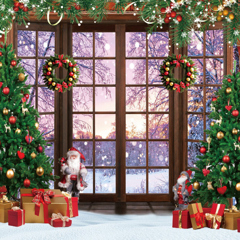 Latar belakang kayu natal untuk foto, pohon Natal, bohlam lentera bintang, karpet lantai, foto zona foto, latar belakang Studio foto