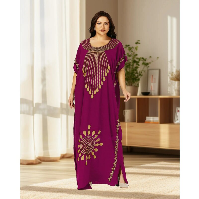 New African Dashiki  Plus Size Caftan 100% Cotton Abayas O-neck Jilbab Short Sleeves Loose For Women's Kaftan Traditional Dress