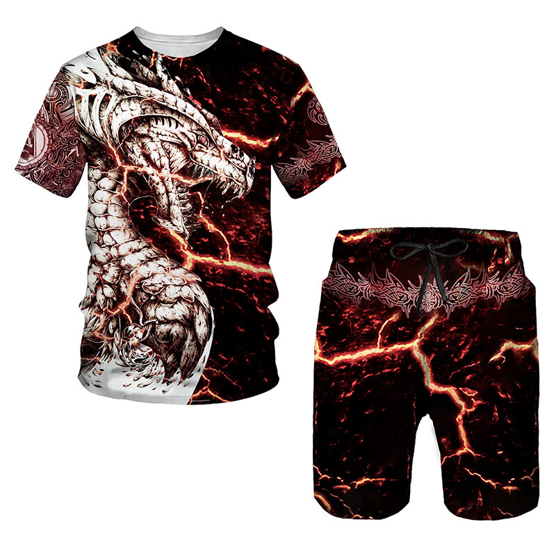 Zomermode Dragon 3d Print T-Shirts Shorts Sets Heren Trainingspakken Oversized T-Shirt Met Korte Mouwen Broek Set Man Suits Kleding