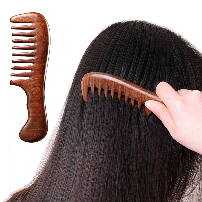 Peignes à cheveux en bois de santal naturel, masseur anti-dérapant, longues poignées à dents larges, angle, soin des cheveux, cadeau domestique