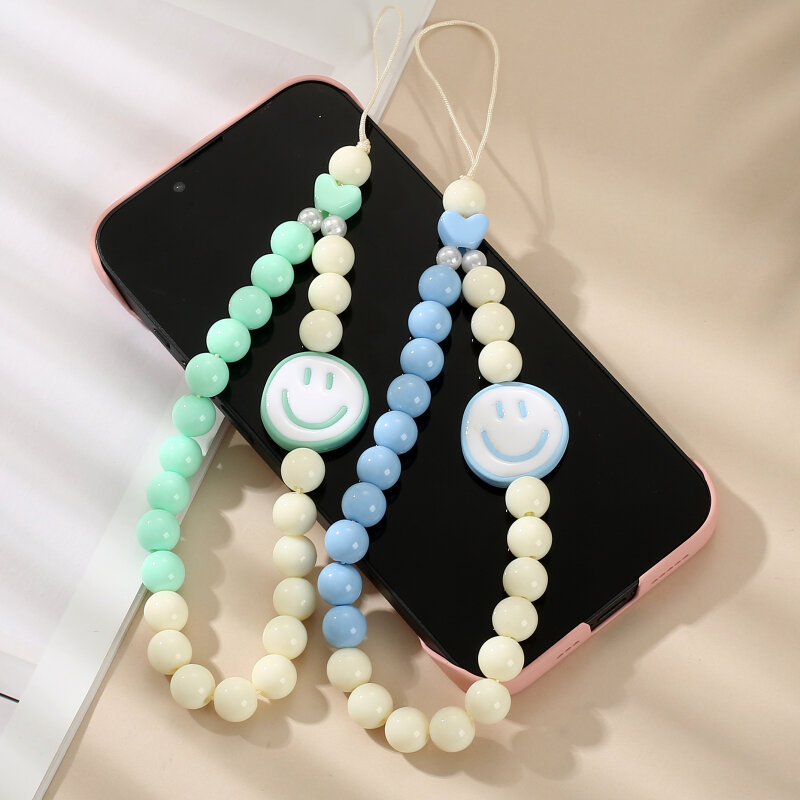Sweet Acrylic Mobile Phone Chain Round Beaded Telephone Hanging Rope For Women Anti-Drop Phone Case Chain Lanyard Jewelry Gift