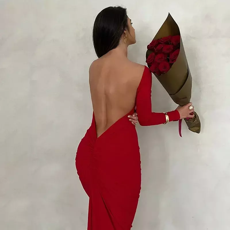 Платье-макси с открытой спиной, элегантное красное платье с длинным рукавом, соблазнительное боди с рюшами, вечернее женское облегающее платье, весна 2023, рождественские наряды