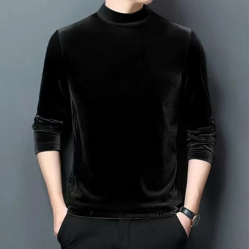 Модная Мужская бархатная футболка с коротким воротником, пуловер, Однотонный свитер с длинным рукавом, Облегающая рубашка, футболка, топы, мужская одежда