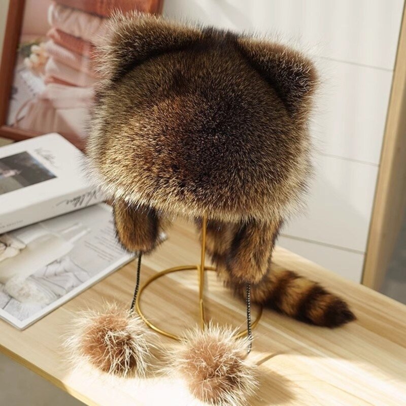 Thicken Plush Hat for Parent-Kids Windproof Plush Hat with Cute Raccoon Ear&Tail Adult Teens Winter Warm Mongolian Hat