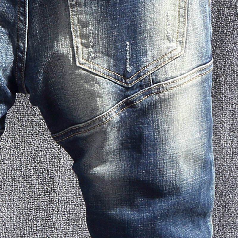 Moda uliczna projektant mężczyźni dżinsy niebieskie w stylu Retro rozciągliwe dopasowanie porwane jeansy mężczyźni kamuflaż kieszeń Hip Hop Denim spodnie motocyklowe Hombre