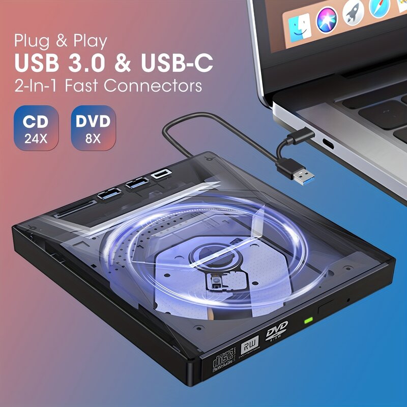 Unidad óptica externa USB 3,0 tipo C, grabadora de DVD, CD, RW, para ordenadores portátiles y de escritorio