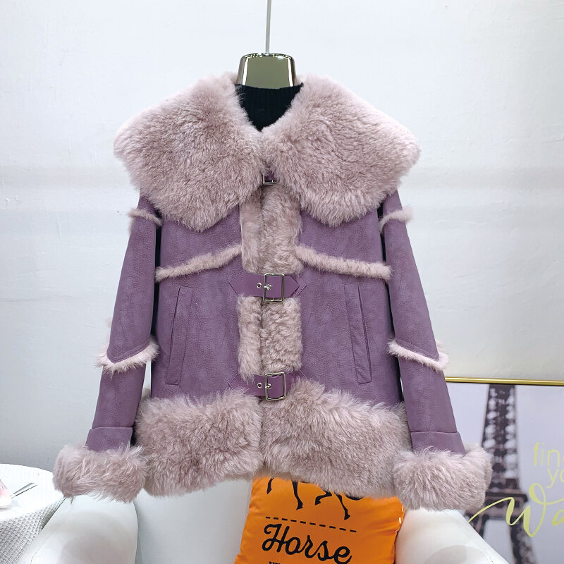 Abrigo de piel de conejo para mujer, Chaqueta corta cálida con cuello de lana, JT3155, novedad de 2023