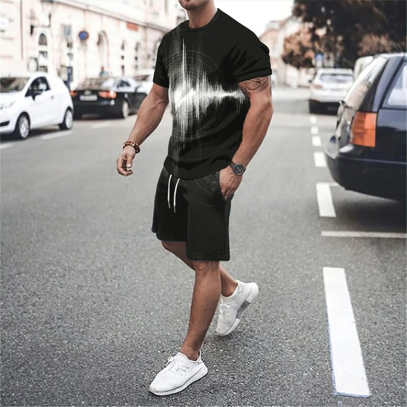men's 3D letter line splicing outdoor vacation casual street wear round neck short sleeved T-shirt shorts sports set of 2 pieces