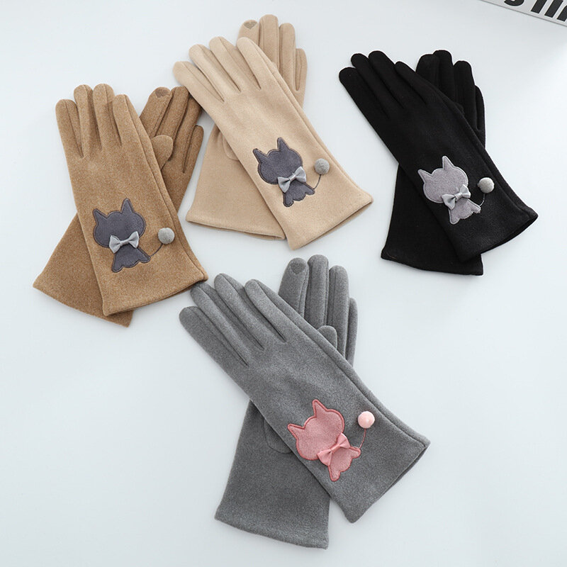 Женские теплые мягкие перчатки для сенсорного экрана, эластичные ветрозащитные перчатки с мультяшным котом для вождения, для осени и зимы