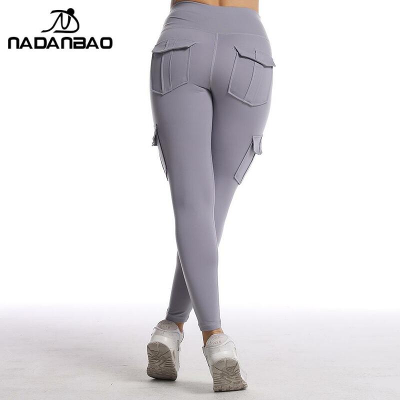 Nadanbao Mode einfarbige Trainings hose Frauen Taschen mittlere Taille elastische Strumpfhose Leggings weibliche schlanke Hüftlift Yoga hosen