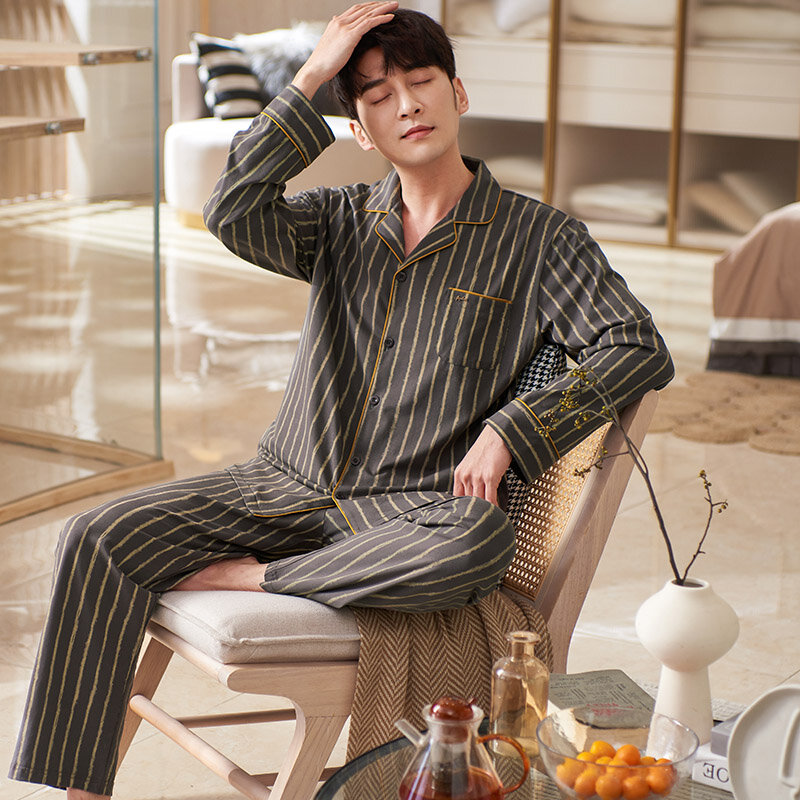 Осенняя модель, Модная хлопковая Мужская пижама в полоску, кардиган из двух предметов, рубашки + брюки, ночная рубашка, большие размеры 3XL, одежда для сна